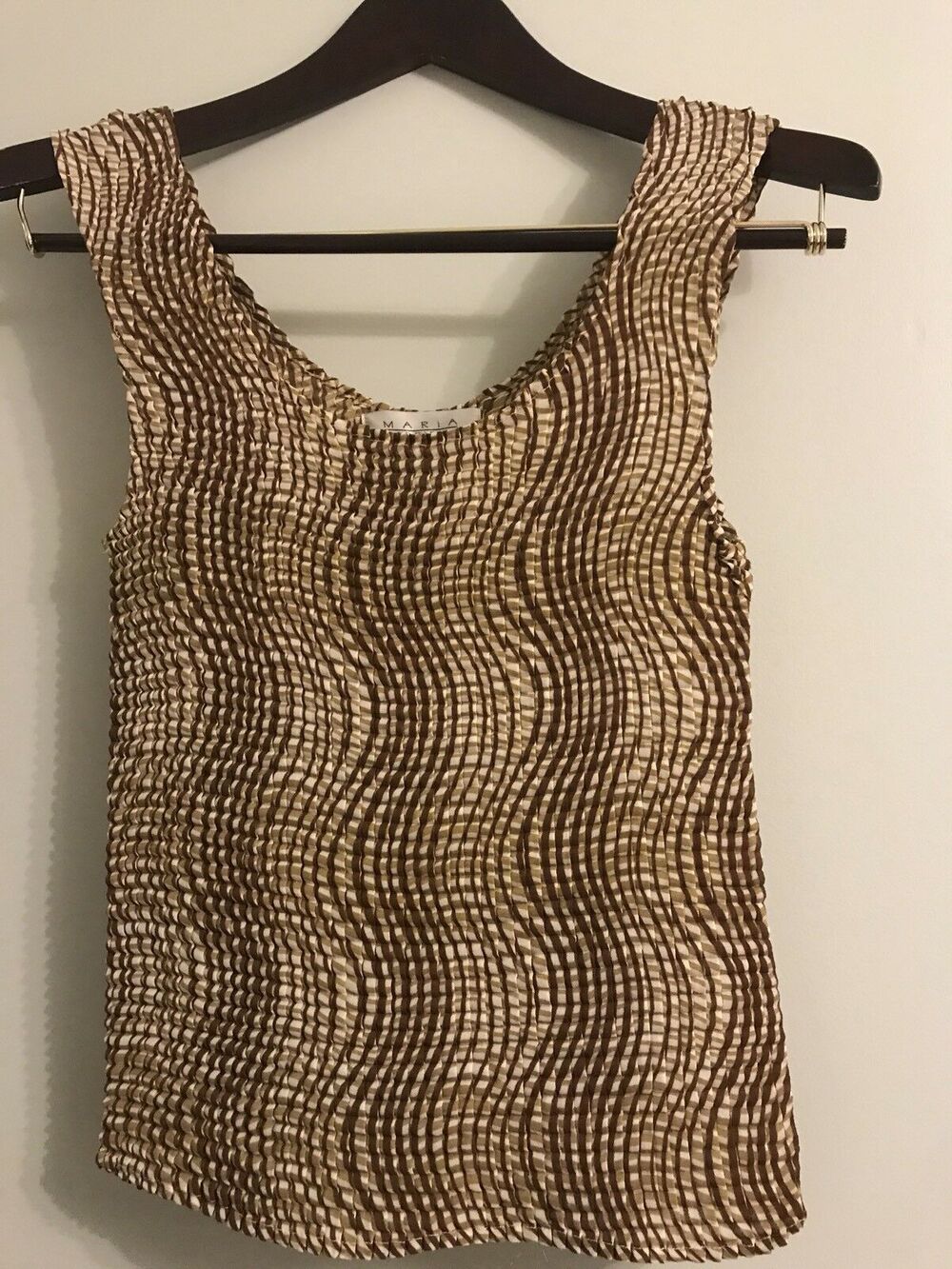 Maria Gabrielle NY Accordion Pleat Tank Top Stripe Brown Ivory blouse Sz S